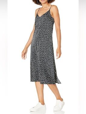 The Drop Ana Silky V-Neck Midi Slip Dress Black White Polka Dots XXS NWT